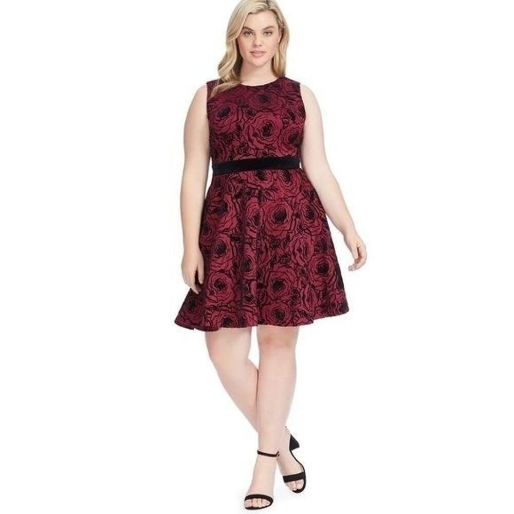 Gabby Skye Floral cranberry and black flocked scuba dress plus size 24W NEW